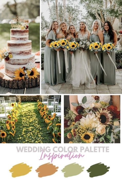 Sunflower Color Palette Wedding Ideas, Sunflower Wedding Colour Palettes, Wedding Colours With Sunflowers, Sunflower Color Scheme Wedding, Rustic Yellow Wedding Theme, Sun Flower Theme Wedding, Wedding Color Palette Sunflower, Yellow Wedding Colour Schemes, Sunflower Yellow Wedding Theme