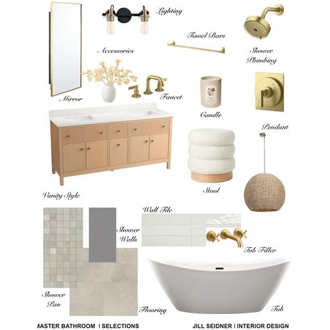 A master bathroom selections concept board. #interiordesign #bathremodel #bathrenovation #bathroom #conceptboard #moodboard #interiordesigner Bathroom Vision Board, Bathroom Moodboard, Bathroom Design Plans, Paint Color Swatches, Online Design Services, Bath Renovation, Floor Plan Layout, Kitchen And Bath Design, Interior Design Concepts