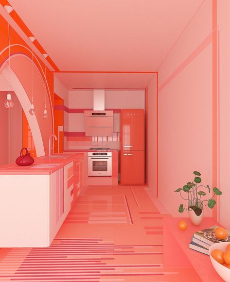 living coral interior design kitchen render Coral Kitchen, Coral Pantone, Coral Interior, Coral Wallpaper, Artistic Furniture, Peach Aesthetic, Coral Design, Living Coral, Live Coral