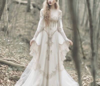 Long Sleeve Elven Wedding Dress, White Elvish Dress, Ivory Medieval Dress, Ren Fair Wedding Dress, Fairy Wedding Dresses Woodland, Renesance Wedding Dress, Fantasy Fairy Wedding Dress, Modern Elvish Outfits, Emma Fantasy Dress