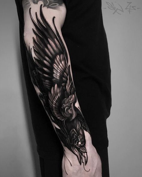 Crow Tattoo For Men, Black Crow Tattoos, Crow Tattoos, Forearm Cover Up Tattoos, Rabe Tattoo, Underarm Tattoo, Crow Tattoo Design, Half Sleeve Tattoos Forearm, Wrist Tattoo Ideas