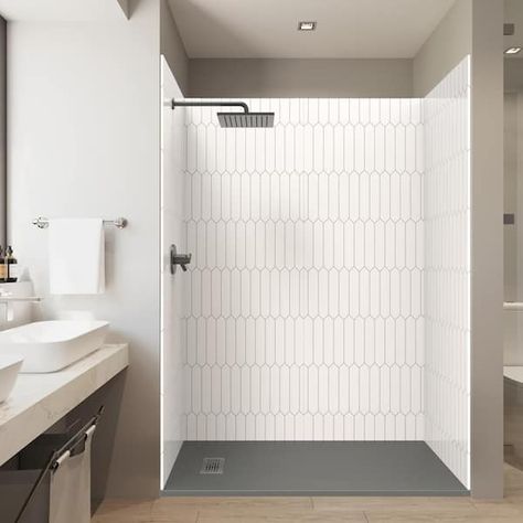 Shower Kits Ideas, Inexpensive Shower Ideas, 60 Inch Shower Ideas, Shower Walls Ideas Cheap, Shower Inserts That Look Like Tile, Shower Pan With Tile Walls, Shower Surround Ideas, Alcove Shower Ideas, Shower Insert Ideas