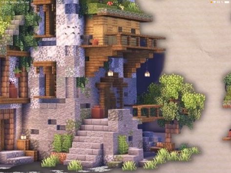 Minecraft Dark Floor Designs, Minecraft Cliff Design, Stone Gradient Minecraft, Minecraft Corner Building, Cliff Side Minecraft House, Minecraft Entrance Ideas, Minecraft Cliff House, Minecraft Cliff, Minecraft Idea