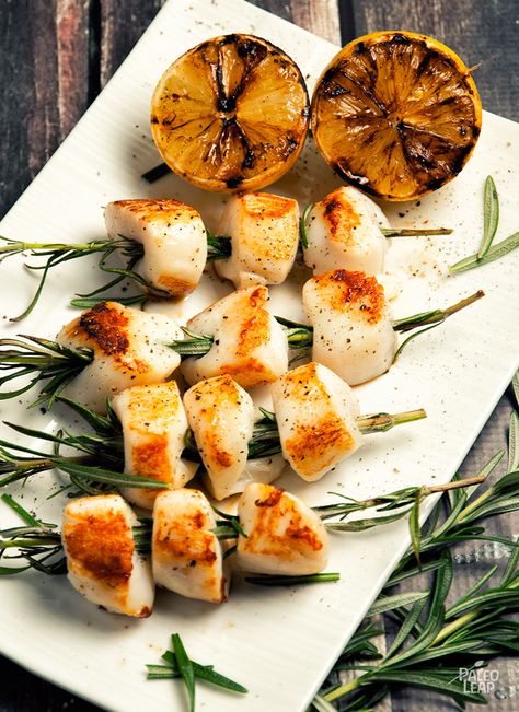 Rosemary-Skewered Scallops #Paleo Seafood Skewers, Rosemary Skewers, Alpha Gal, Paleo Fish, Rosemary Recipes, Seafood Feast, Grilled Scallops, Grilled Seafood Recipes, Scallop Recipes