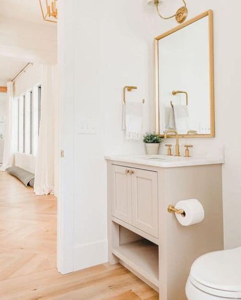 Mcgee Guest Bathroom, Light And Airy Guest Bathroom, Glam Boho Bathroom, Studio Mcgee Bathroom Ideas, Neutral Bathroom Vanity, Bright Powder Room, Boho Glam Bathroom, Mcgee And Co Bathroom, Neutral Powder Room