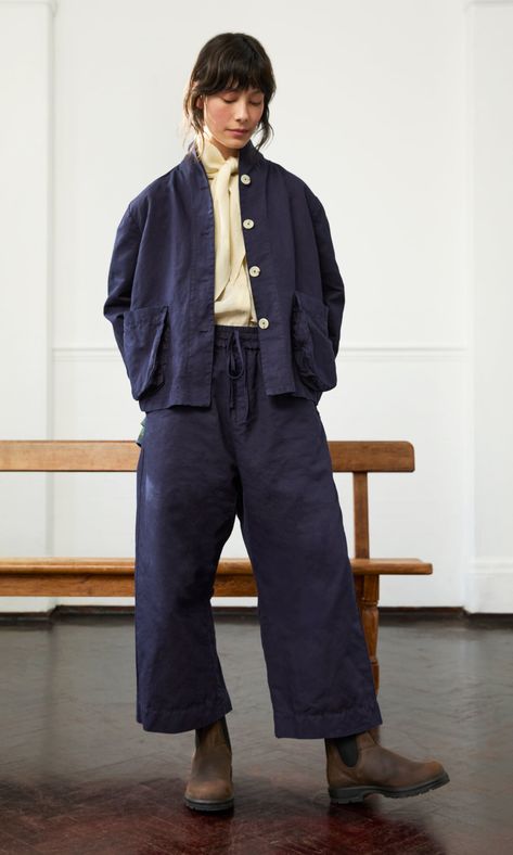 Gardeners Jacket - Navy - Plümo Ltd Jesse Kamm Style, Find Style Aesthetic, Blue Chore Jacket Outfit, Lighthouse Core Outfits, Women’s Workwear Outfits, Oversized Jackets Women, Autumn Outfits Inspo 2024, Fall Layered Outfits Women, Chic Simple Outfit