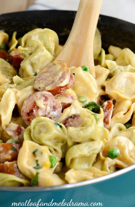 one-pot-creamy-kielbasa-tortellini-peas Kielbasa And Tortellini, Tortellini Peas, Kielbasa Tortellini, Creamy Kielbasa, Tortellini Sauce, Tortellini Casserole, Tortellini Alfredo, Kielbasa Recipes, Sausage Tortellini