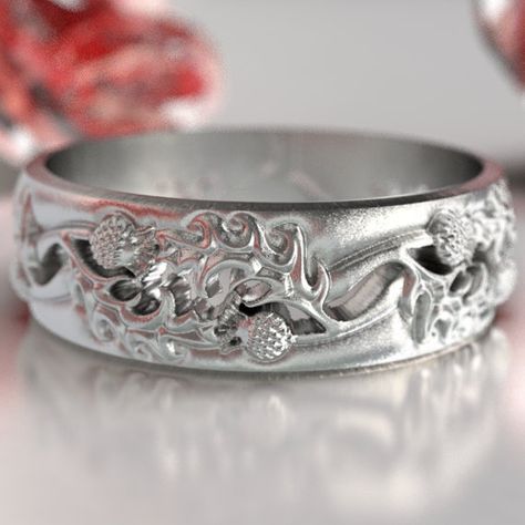 Thistle Ring Band; $191.10Cdn; sterling silver; ships from U.S.A.; at Etsy.com Scottish Handfasting, Scottish Wedding Rings, Scottish Ring, Celtic Ancestry, Rings For Him, Thistle Wedding, Scottish Celtic, Thistle Ring, Scottish Jewellery