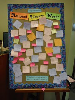 NLW idea- ask ppl to post-it-write why they came to the library - from Library Lalaland National Library Week Display, National Library Week Ideas, Library Week Ideas, Library Week Activities, Passive Programming Library, Passive Programming, National Library Week, Library Humor, Passive Programs