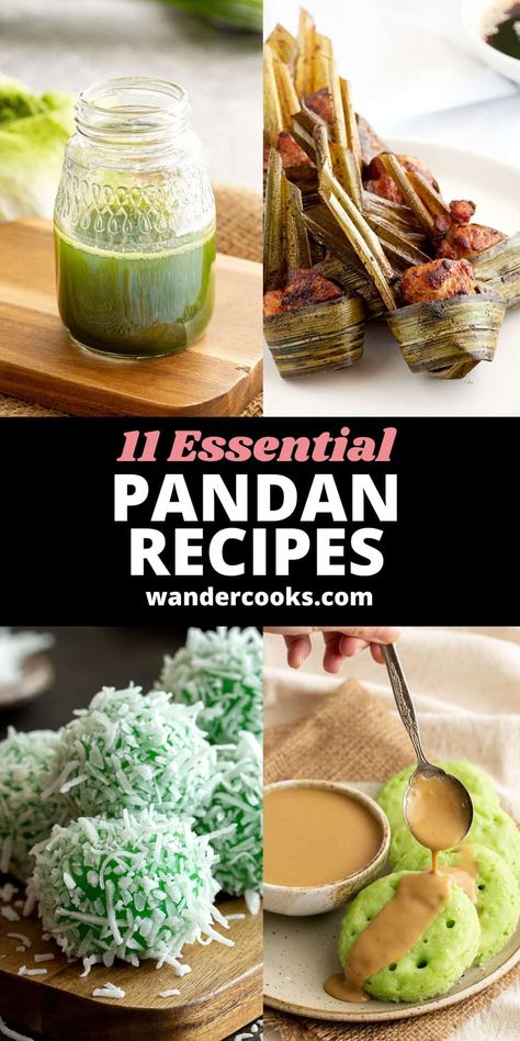 Pandan is a popular Southeast Asian ingredient, with a subtle vanilla flavour and bright green colour! Find out all about how to use pandan leaves, extract or paste in this collection of amazing sweet and savoury pandan recipes. via @wandercooks Pandan Extract Recipes, Pandan Leaves Recipes, Balinese Recipes, Pandan Dessert, Pandan Recipe, Tropical Fruit Recipes, Asian Ingredients, Burmese Food, Pandan Leaves