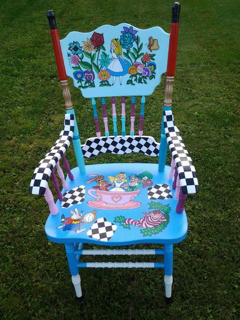 Alice In Wonderland Painted Furniture, Disney Furniture, Hand Painted Furniture, Furniture Art, Painted Furniture, Alice In Wonderland, Hand Painted, Paint, Disney