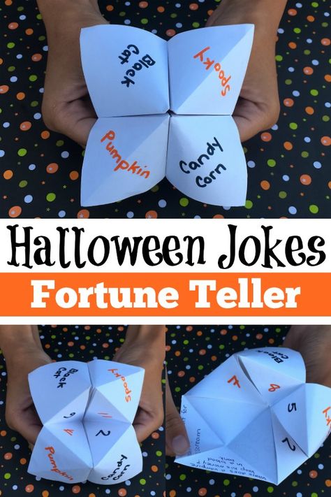 Teach your kids how to make a foldable paper fortune teller filled with silly Halloween jokes. #halloween #halloweencrafts Fortune Teller Halloween Costumes Diy, Fortune Teller Trunk Or Treat Ideas, How To Make A Fortune Teller, Fortune Teller Trunk Or Treat, Cool Fortune Teller Ideas, Diy Fortune Teller Costume, Paper Fortune Teller Ideas, Things To Put In Fortune Tellers, Fortune Teller Paper Ideas