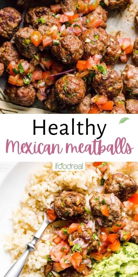 Juicy baked Mexican Meatballs are made with ground turkey and Tex Mex spices. Albondigas are easy to make in three simple steps and can be served as a healthy appetizer, in soup or as part of a main! Quick Clean Eating, Mexican Meatballs, Ground Turkey Meatballs, Healthy Turkey Recipes, Meatball Dinner, Healthy Mexican Recipes, Mexican Side Dishes, Turkey Meatball Recipe, Healthy Appetizer