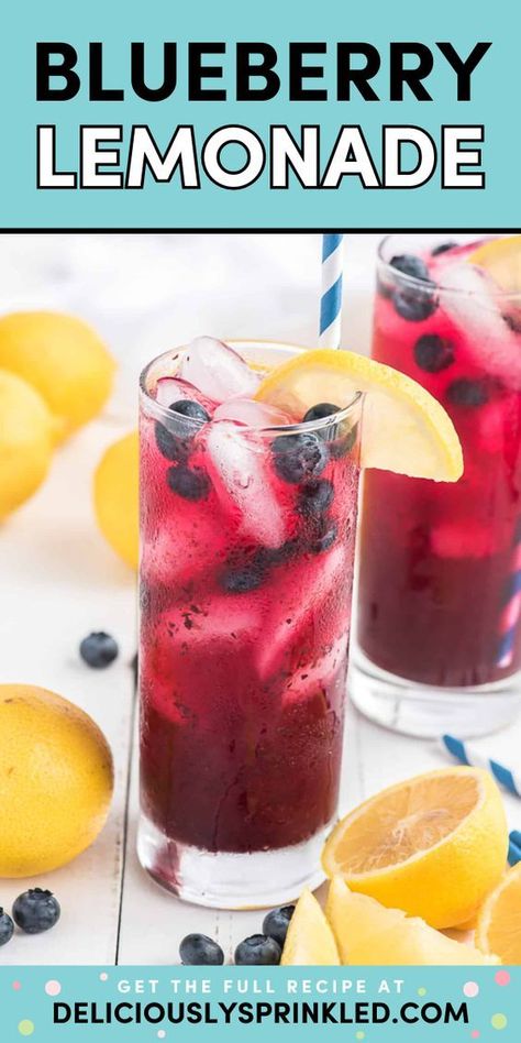 Get your fresh blueberries ready for this non-alcoholic recipe! It's a perfect summer drink featuring fresh squeezed lemonade. Packed with flavor and a gorgeous color, this homemade blueberry lemonade is what your celebration needs! Blueberry Lemonade Recipe, Iced Lemonade, Easy Lemonade Recipe, Homemade Blueberry Syrup, Blueberry Simple Syrup, Frozen Strawberry Lemonade, Honey Lemonade, Flavored Lemonade, Blueberry Vodka