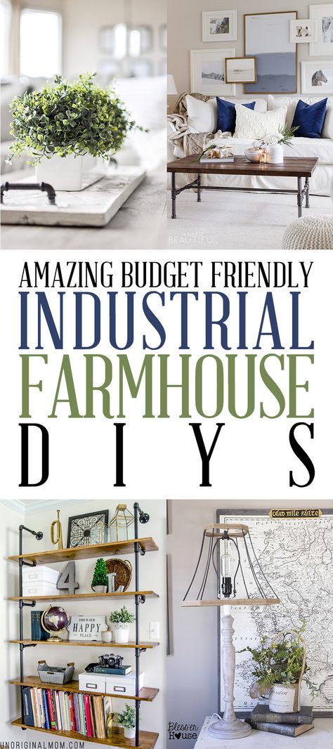 Amazing Budget Friendly Industrial Farmhouse DIYS - The Cottage Market Farmhouse And Industrial Style, Industrial Diy Decoration Ideas, Diy Industrial Home Decor, Diy Farmhouse Desk, Industrial Farmhouse Living Room, Farmhouse Diys, Diy Farmhouse Coffee Table, Taxidermy Decor, Living Room Industrial