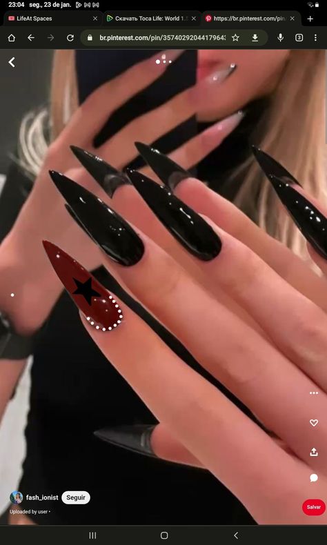 Alt Nails Red And Black, Red And Black Nails Acrylic Emo, Black Nail With Red Under, Black And Red Nails Ideas Goth, Black Red Nails Acrylic, Black Nails With Black Rhinestones, Nail Inspo Almond Black, Nail Ideas Gothic, Black Nails With Red Underneath