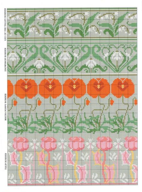 Lily of the Valley border, among others. Art Nouveau Cross Stitch, Cross Stitch Borders Corner, Motifs Art Nouveau, Art Nouveau Pattern, Rug Patterns, Cross Stitch Borders, Needlework Patterns, Crochet Cross, Bead Loom Patterns