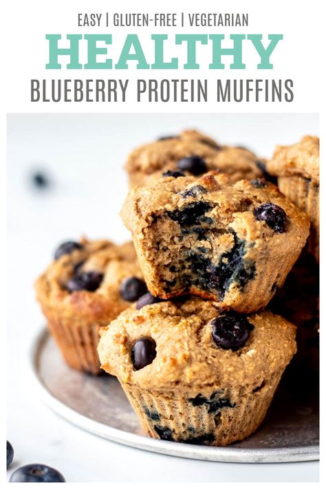 These healthy blueberry protein muffins are sure to be your new favourite breakfast treat! They’re made with simple wholesome ingredients, contain no flour, and are naturally sweetened with applesauce and honey. Best of all, these easy muffins have 8 grams of protein each! {Gluten-free & Vegetarian} Banana Pancake Muffins, Kodiak Cakes Muffins, Protein Breakfast Muffins, Pancake Mix Muffins, Protein Blueberry, High Protein Muffins, Blueberry Protein Muffins, Banana Blueberry Pancakes, Healthy Muffin