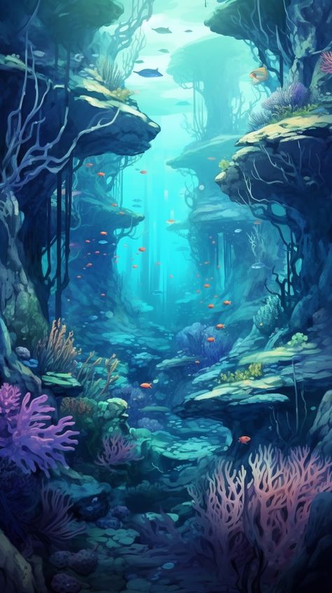 Illustrated Underwater World. #Aigenerated #wallpaper for your mobile devices! #Download it for #Free right here in good quality. Under Water Art Illustration, Underwater Rocks Drawing, Underwater World Fantasy Mermaids, How To Draw Underwater Scene, Underwater Scenery Drawing, Sea World Drawing, Underwater Illustration Art, Underwater Scene Drawing, Under Sea Drawing