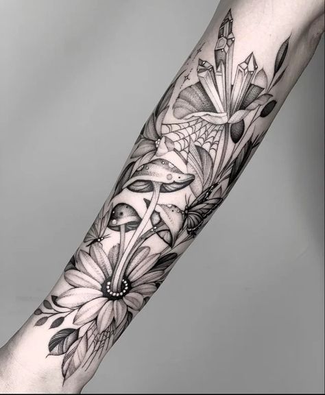 Leg Fillers Tattoos, With Flowers Tattoo, Dark Fae Inspired Tattoos, Tattoo Fillers For Women Full Sleeves, Floral Sleeve Filler, Moon Bicep Tattoo, Botanical Tattoo Sleeve Vintage, Dark Sleeve Tattoos For Women, Fairy Garden Tattoo Sleeve