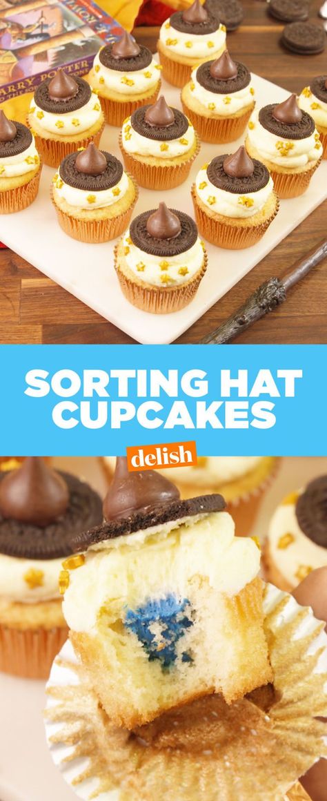 Sorting Hat Cupcakes Video - How to Make Sorting Hat Cupcakes Video Sorting House Cupcakes, Harry Potter Cupcakes Sorting Hat, Sorting Hat Cake Pops, Hogwarts House Cupcakes, Hogwarts Cupcakes, Baby Shower Ideas Harry Potter, Work Cupcakes, Sorting Hat Cupcakes, Harry Potter Baby Shower Ideas