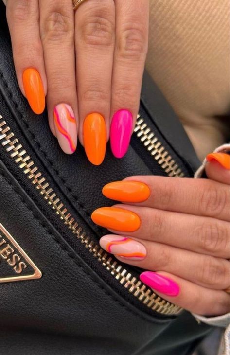 Neon Pink Orange And Yellow Nails, Cute Neon Nails Summer Almond, Neon Nails Glitter, Neon Nails Pink And Orange, Beach Nails Orange And Pink, Neon Nails For Summer, Summer Nails Bright Colors Neon, Neon Almond Nails Designs, Bright Orange And Pink Nails