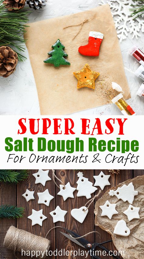 Super Easy Salt Dough Recipe for Kid Crafts or Ornaments - Happy Toddler Playtime Easy Salt Dough Ornaments, Salt Dough Ornament, Salt Dough Christmas Ornaments, Salt Dough Crafts, Handprint Ornaments, Salt Dough Ornaments, Dough Ornaments, Kids Christmas Ornaments, Food Ornaments