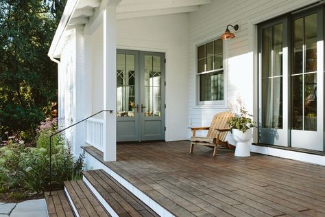 Our Farmhouse Back Porch Reveal – The "1st Summer" Edition! - Emily Henderson Small Cottage Screened Porch, Off Center Front Door Porch Ideas, Building A Back Porch, Pine Porch Ceiling, Back Porch Farmhouse, Cottage Back Porch, Wraparound Porch Farmhouse, Front Porch Cozy, Backyard Porch Ideas