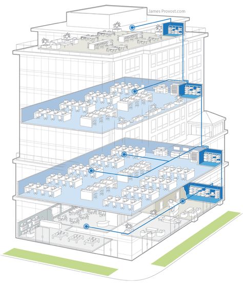 Network Infrastructure Diagrams | James Provost - Technical Illustrator Visio Network Diagram, 3 Story Building, Technical Illustrations, Hvac Design, Network Design, Map Diagram, Network Architecture, Car Ui, Architecture Mapping