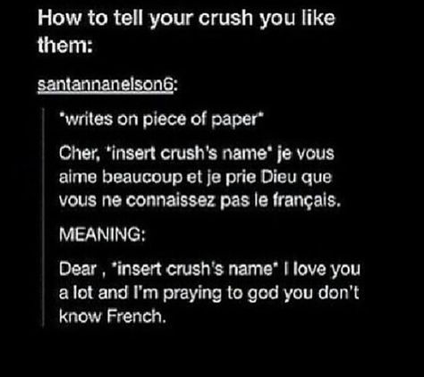 My crush speaks French How To Tell Your Crush You Like Them In French, Put A Finger Down Crush Edition, Meaning Of Crush, Shy Quotes, Crush Funny, Crush Tips, Crush Stories, Crush Stuff, Soulmate Au