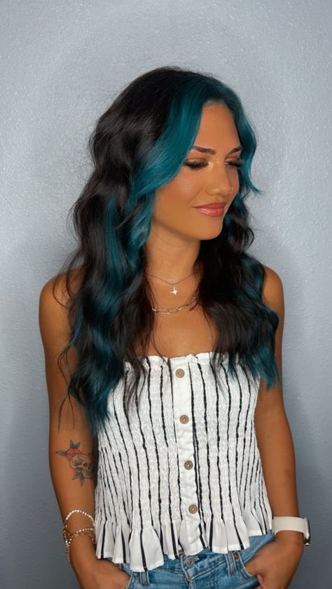 Peacock Hair Color Peekaboo Dark, Dark Hair Blue Money Piece, Fashion Color Underneath Hair, Black With Blue Money Piece, Brown Hair With Colorful Money Piece, Teal Halo Hair, Dark Teal Money Piece Hair, Teal Underdye Hair, Colored Money Piece Hair Brunette