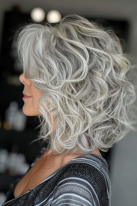 Shoulder Length Layered Gray Hair, Bob Haircuts For Women Over 50 Grey Hair, Medium Length Curly Gray Hair, Short Curly Grey Hair Over 50 Gray Hairstyles, Salt And Pepper Curly Hair, Medium Length Gray Hair Over 50, Gray Hair Styles For Women Over 60 Grey, Wavy White Hair, Silver Pixie Cut