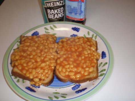 Beans on toast! Toast And Beans, Beans On Toast Aesthetic, Beans And Toast British, Baked Beans Aesthetic, Beans On Toast British, Cursed Beans, Food Timetable, Strongbow Cider, Bean Aesthetic