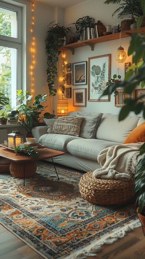 Natural Boho Interior, House Decor Plants Bohemian, Rugs Mix And Match, Maximalist Decor Small Spaces Living Room, Navy And Terracotta Living Rooms, Natural Boho Living Room, Nature Home Aesthetic, Bohemian Modern Living Room, Aesthetic Plant Room