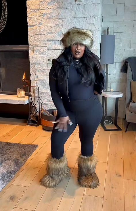 Fur Boots And Headband Outfits, Christmas Village Outfit, Ice Skating Outfit Black Women, Fur Headband Outfit Winter, Ski Trip Outfit Black Women, Cabin Trip Outfit Black Women, Cabin Aesthetic Outfit, Fur Boots Outfit Black Women, Snow Outfits For Black Women