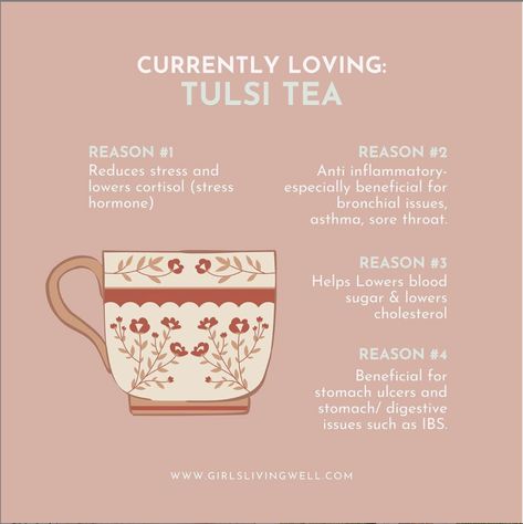 Click to see the benefits of Tulsi Tea on Girls Living Well. Check out the tulsi tea benefits health, benefits of tulsi tea and tulsi green tea benefits. Best health benefits of tulsi tea. Awesome tea for digestion and bloating, and tea for digestion metabolism. This is tea good for digestion. Best tea for stress relief herbs and tea for stress relief home remedies. Also a good tea for sleep bedtime and tea for sleep insomnia. Anti inflammatory tea natural remedies. #tea #health #lifestyle Tulsi Tea Benefits, Tea Benefits Health, Tea For Sleep, Best Tea For Sleep, Spiritual Journaling, Tea For Digestion, Tea Before Bed, Tulsi Tea, Tulsi Plant