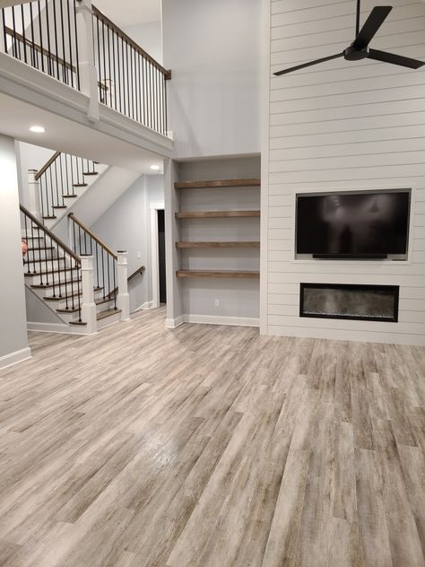 Shiplap Fireplace With Tv Built Ins, Electric Fireplace With Vaulted Ceiling, Shiplack Fireplace Wall, Shiplap Tv Wall, Built In Tv, Living Room Playroom, Shiplap Fireplace, Linear Fireplace, Shiplap Wall