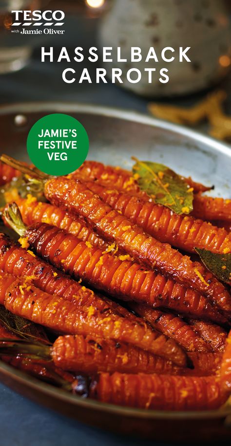 Jamie Oliver says, "Supercharged with honey, garlic and bay, these caramelised hasselbacks are not your everyday carrot. Glossy, gorgeous, and a total joy to eat." Carrot Recipes Side Dishes, Carrots Recipe, Thanksgiving Menu Ideas, Tesco Real Food, Jamie Oliver Recipes, Carrot Recipes, Veggie Side Dishes, Xmas Food, Thanksgiving Menu