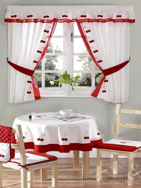 red and white kitchen curtains | Red & White Cherry Embroidered Kitchen Curtain Red Kitchen Curtains, Cortinas Country, Kitchen Curtain Designs, White Kitchen Curtains, Red And White Kitchen, Plain Curtains, Tuscan House, Red Curtains, Kitchen Crafts