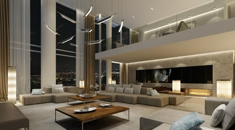 Luxury Penthouse Living Room, Penthouse Living Room, Living Room With High Ceilings, Room With High Ceilings, Penthouse Interior, Penthouse Design, Penthouse Living, Luxury Penthouse, Wall Decoration Ideas