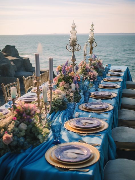 Inspired by one of the greatest love stories, this wedding blends elements of the sea with nature’s botanicals. Wedding florals, seaside wedding, Disney wedding, Disney-theme, Ariel, Mermaid Wedding, Luxury Wedding, Wedding Decor, Dining Table, Tablescapes, Table Setting Wedding Water Theme, Under The Sea Themed Wedding, Ariel Themed Wedding, Mermaid Wedding Decor, Ocean Theme Wedding Ideas, Underwater Wedding Theme, Wedding Ocean Theme, Ariel Wedding Theme, Water Themed Wedding