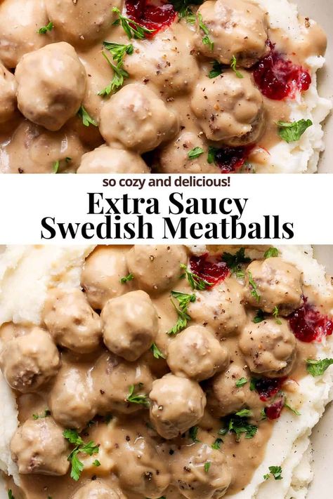 Swedish Meatballs - Our extra saucy Swedish Meatballs recipe is a warm and cozy dinner that you will be making all winter long! #swedishmeatballs #swedishmeatballssauce #swedishmeatballsrecipe #swedishmeatballseasy #swedishmeatballsandnoodles Swedish Meatballs Freezer Meal, White Sauce For Meatballs, Large Batch Meatballs, Saucy Meatballs Recipe, Swedish Meatball Gravy Recipe, Swedish Meatballs With Frozen Meatballs, Meatball Gravy Recipe, Sweetish Meatballs Recipe, Swedish Meatballs Sauce