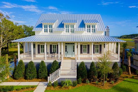 Low Country Style Homes, Palmetto Bluff House Plans, Low Country Farmhouse, Coastal Farmhouse Plans, Allison Ramsey House Plans, River House Exterior, Lowcountry House, Raised Houses, Low Country Homes Plans