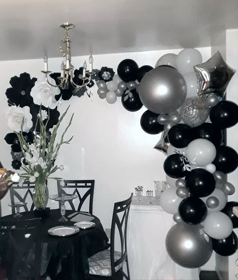 Paper flower background, table, and balloon deco were black, white, grey. and silver Black White And Grey Birthday Decorations, Black And White School Dance Decorations, Black And Grey Birthday Decorations, Black And Grey Themed Birthday Party, Black And Grey Birthday Party Decor, Grey Party Theme, Black White And Silver Birthday Theme, Black And White Bday Party Ideas, Black Silver Birthday Decor