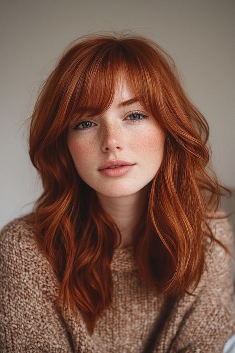 Red Shag Haircut Medium, Medium Red Hair With Bangs, Redhead Haircut Medium, Medium Length Haircut Red Hair, Red Hair With Freckles, Shoulder Length Hairstyle Ideas, Medium Length Ginger Hair, Shoulder Length Red Hair, Shoulder Length Haircut With Bangs