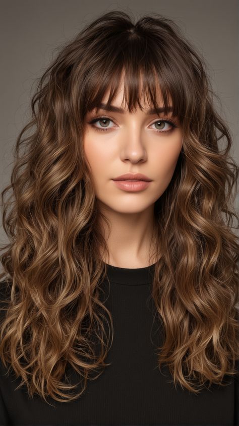 Wavy Perm With Bangs, Low Maintenance Bangs Wavy Hair, Long Curly Layered Hair With Bangs, Digital Perm With Bangs, Haircuts For Wavy Curly Hair Long Layered Bangs, Bangs Hairstyles Curly Hair, Asian Perm Women Medium Hair, Curl Hair With Bangs, Wavy Bangs Medium Hair