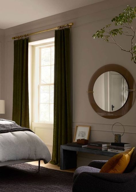 green velvet curtains in a bedroom Olive Green Bedroom Curtains, Bedroom Ideas Green Curtains, Moss Green Curtains Bedroom, Olive Green Curtains Bedroom Ideas, Sheer And Velvet Curtains Together, Bedroom With Green Velvet Curtains, Bedroom Dark Green Curtains, Moss Green Curtains Living Rooms, Dark Green Velvet Bedroom