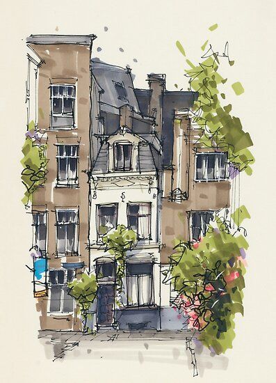 Albert Kiefer, Watercolor House Painting, Pen And Wash, Amsterdam Canals, Watercolor Architecture, Canal House, Charcoal Drawings, Architecture Drawing Art, Building Art