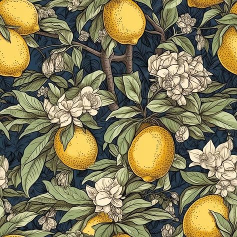 Vintage Lemon Wallpaper, Lemon Pattern Wallpaper, Lemon Tree Illustration, Lemon Tree Wallpaper, Lemon Illustration, Lemon Wallpaper, Lemon Drawing, Orange Prints, Lemon Background