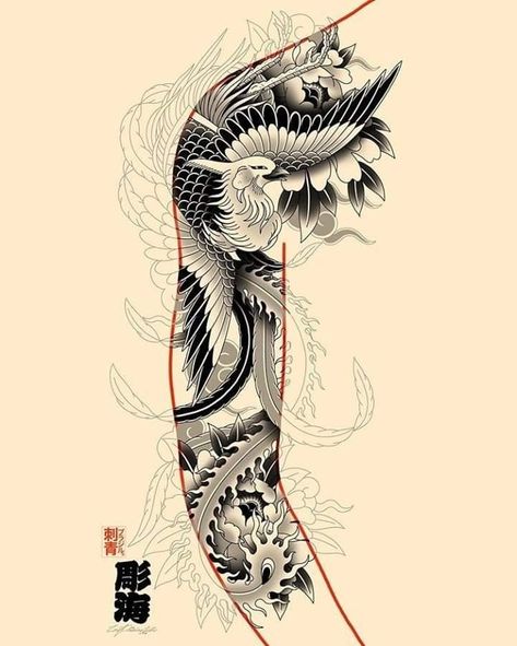 Raijin Tattoo, Phoenix Tattoo Sleeve, Japanese Phoenix Tattoo, Grey Ink Tattoos, Japanese Snake Tattoo, Tattoo Japanese Style, Yakuza Tattoo, Dragon Sleeve Tattoos, Phoenix Tattoo Design